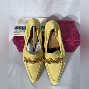 Tory Burch Yellow Leather Chain-Trim Pointed Loafers